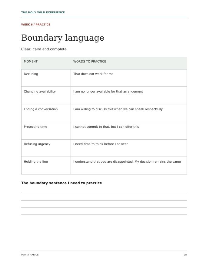 Sample page: Week 6 boundary language